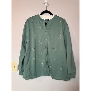 Bobbie Brooks Woman Sage Grn Floral Embroidered Button Front Sweatshirt 2XL 20W